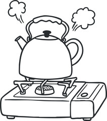 Obraz premium Hand-drawn black and white vector illustration of a kettle boiling on a stove with steam, perfect for kitchen and cooking themes