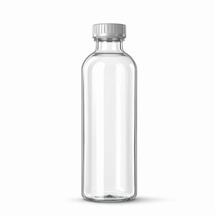 Clear glass bottle with a silver cap isolated on white background, perfect for showcasing beverage products