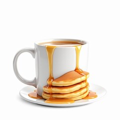 Stack of pancakes with maple syrup overflowing from a mug isolated on white background delicious breakfast