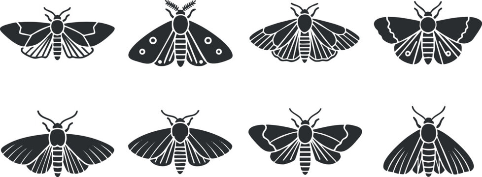Silhouette vector icon set showing various moth designs, perfect for nature-themed projects and graphic design.