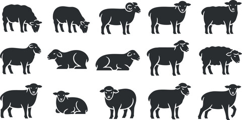 Obraz premium Collection of minimalist black sheep vector illustrations, featuring various poses and styles for agriculture and farm-themed designs