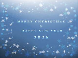 Winter vector background in a festive minimalist style with a blue gradient, snowflakes, and "Merry Christmas & Happy New Year 2026" text for cards, banners, and New Year design.
