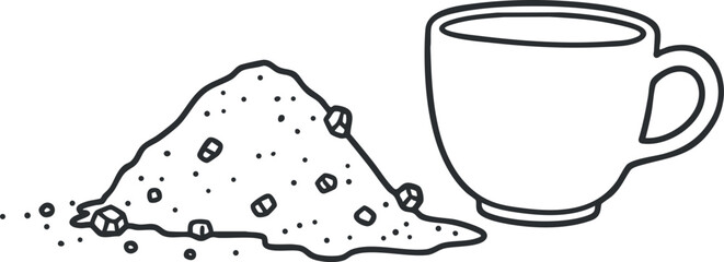 Minimalist line art vector illustration of a coffee cup and sugar pile, perfect for beverage design and kitchen themes