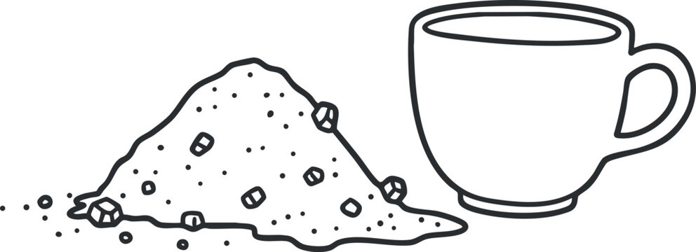 Minimalist line art vector illustration of a coffee cup and sugar pile, perfect for beverage design and kitchen themes