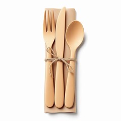 Elegant wooden cutlery set tied with twine on a napkin, isolated on white background perfect for rustic dining