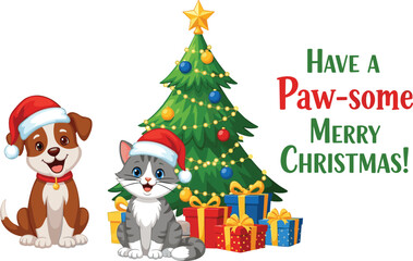Cute Christmas pets with Santa hats, festive dog and cat illustration, holiday tree scene with gifts, adorable animal Christmas greeting card
