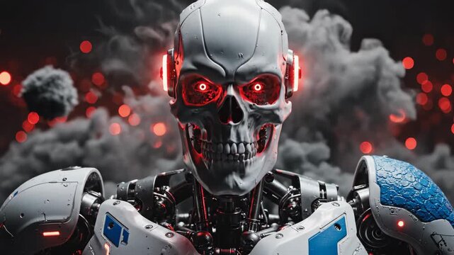 Cybernetic Skull: Futuristic Robotic Warrior with Glowing Red Eyes