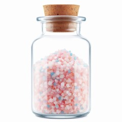 Glass jar filled with colorful bath salts and sealed with a cork stopper, isolated on white background