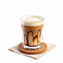 Delicious caramel macchiato isolated on white background, served in a glass on a wooden coaster and napkin