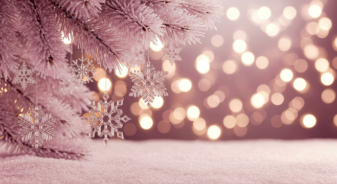 Winter Snowflake Ornaments on Fir Branches with Bokeh Lights