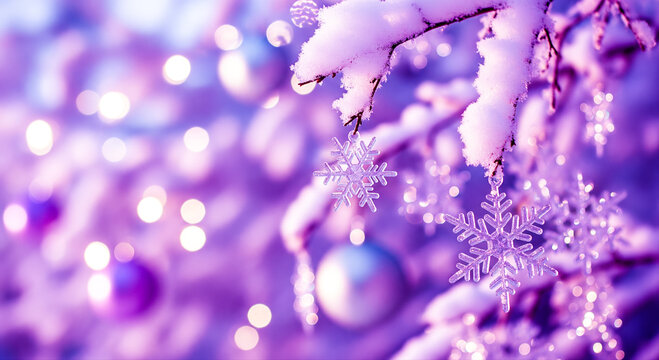 Frosted Snowflake Ornaments on Winter Branch, Glowing Purple Holiday Lights