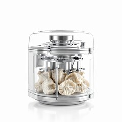 Automatic dumpling maker filled with uncooked dumplings isolated on white background