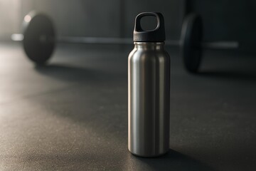 Mockup of metal water bottle on gym floor with soft light