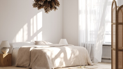 Light bohemian bedroom interior, perspective panorama, 3d render