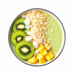 Delicious kiwi smoothie bowl with mango and coconut flakes isolated on white background, healthy breakfast