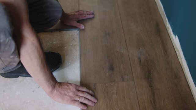 A Woman And Man Work Together Laying Modern Vinyl Laminate Flooring In Their Apartment, Demonstrating DIY Home Improvement And Floating Floor Installation.