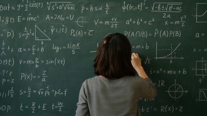 Student struggling with advanced mathematics on a classroom blackboard. Academic pressure and problem-solving challenges. Lockdown shot. - Powered by Adobe