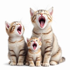 Three adorable tabby kittens yawning together isolated on white background, showcasing their playful and sleepy nature