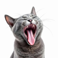 Closeup of a yawning gray cat with its mouth wide open, tongue out, and eyes closed isolated on white background
