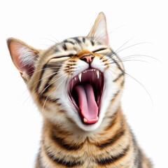 Closeup of a yawning tabby cat isolated on white background, showing its teeth and tongue in a funny way