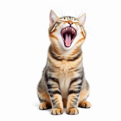 Cute tabby cat yawning widely while sitting isolated on white background, showing teeth and pink tongue