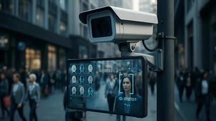 Facial recognition system identifying young adult woman in urban crowd. Digital interface displays biometric data and ID number on city street. Lockdown shot. - Powered by Adobe