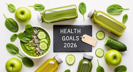 Health Goals 2026 Green Smoothie Vegetables Fruit Detox Diet Concept