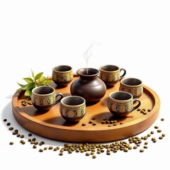 Traditional dark brown ceramic tea set with small patterned cups arranged on a round wooden tray with scattered tea bean, isolated on white background