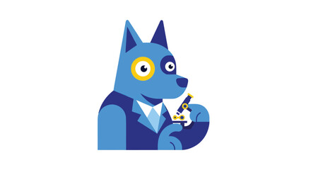 A cartoon blue dog wearing a suit and examining through a microscope
