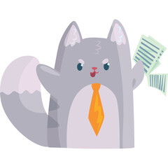 Pixel Art Gray Cat Wearing Orange Tie Holds Papers Expressing Frustration with Open Mouth and Wide Eyes in Studio Lighting