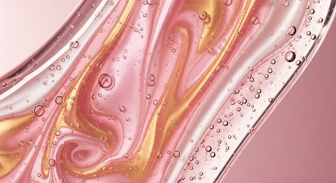 Abstract swirls of pink and gold liquid with bubbles for cosmetic background