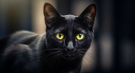 Closeup of a mysterious black cat with yellow eyes