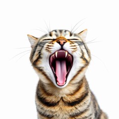 Closeup of a yawning tabby cat isolated on white background, showing its teeth and tongue in detail