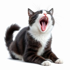 Cute black and white kitten yawning widely, showcasing its pink tongue and sharp teeth isolated on white background
