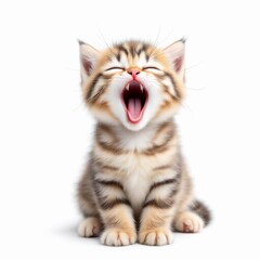 Adorable tabby kitten yawning isolated on white background, showcasing its tiny teeth and pink tongue, looking tired