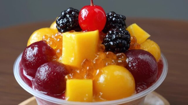 A vibrant and enticing dessert is presented in a clear cup, showcasing a delightful medley of colorful fruits and shimmering jelly pearls. The sweet concoction features juicy, rich red berries, dark s