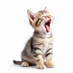 Cute tabby kitten yawning isolated on white background, showing its tongue and teeth in a funny way