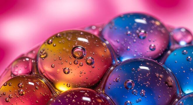 Colorful hydrogel balls with water droplets on a pink background for creative composition