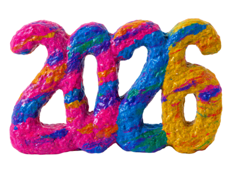 Isolated New Year 2026 Numbers in Colorful Clay Modeling Art on a Transparent Background