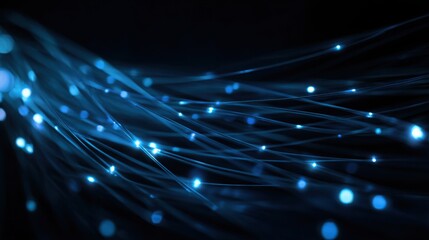 Abstract technological web made of glowing fiber optic strands on deep navy background, light pulses traveling across lines