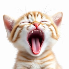 Adorable ginger kitten yawning widely with its mouth open, isolated on white background closeup portrait