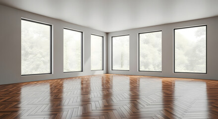 Fototapeta premium Expansive luminous space featuring herringbone hardwood flooring and abundant natural light streaming through multiple