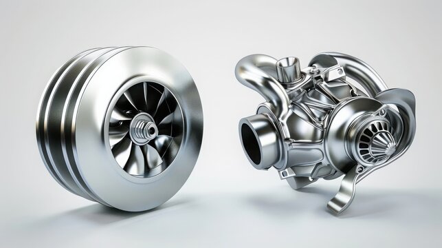 automotive turbocharger split view, compressor side and turbine side shown separately, minimalistic layout, bright studio lighting, smooth shadows