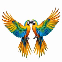 Two vibrant blue and gold macaw parrots facing each other with wings spread, isolated on white background