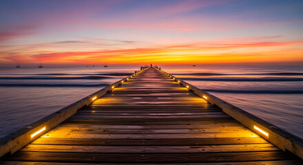 Picturesque sunset vista over endless ocean pier, featuring calm waters and vibrant, colorful sky for a peaceful