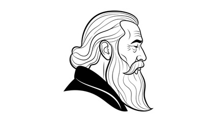 Black and white line art portrait of a wise old man with a long beard.