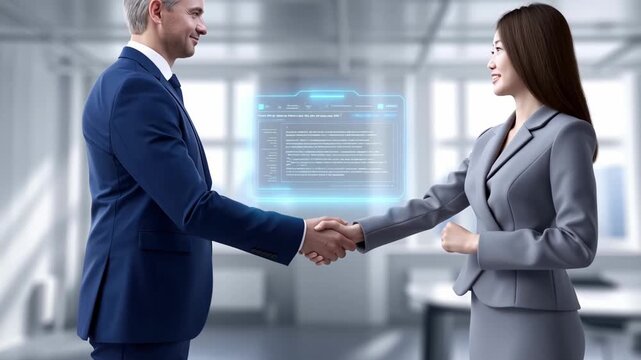 Business handshake with digital contract overlay symbolizing agreement and trust in modern office footage - Powered by Adobe
