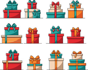 Colorful stacked gift boxes with bows in festive arrangement, holiday presents illustration for celebration design, cad drawing flat vector illustration
