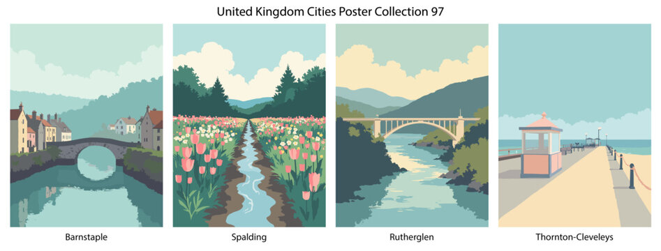 Barnstaple, Spalding, Rutherglen, Thornton-Cleveleys Flat Vector Poster Collection