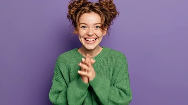A vibrant and joyful young person with light brown curly hair styled in playful buns bursts into genuine, hearty laughter against a striking, solid purple studio background. Dressed in a cozy green kn